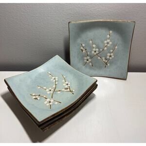 Vintage Kafuh Japanese Cherry Blossom Sushi Square 5.125" Blue Plates , Lot of 4